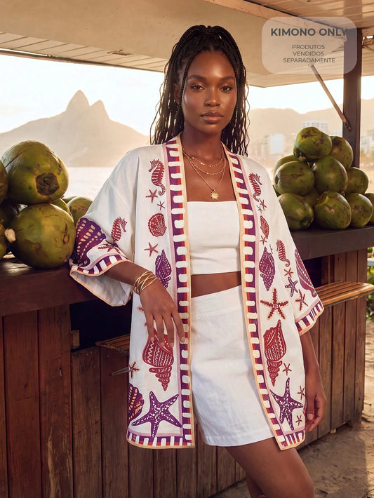 CAJUNI Kimono With A Print Of Sea Elements, Casual Chic, Elegant, Retro Resort Style