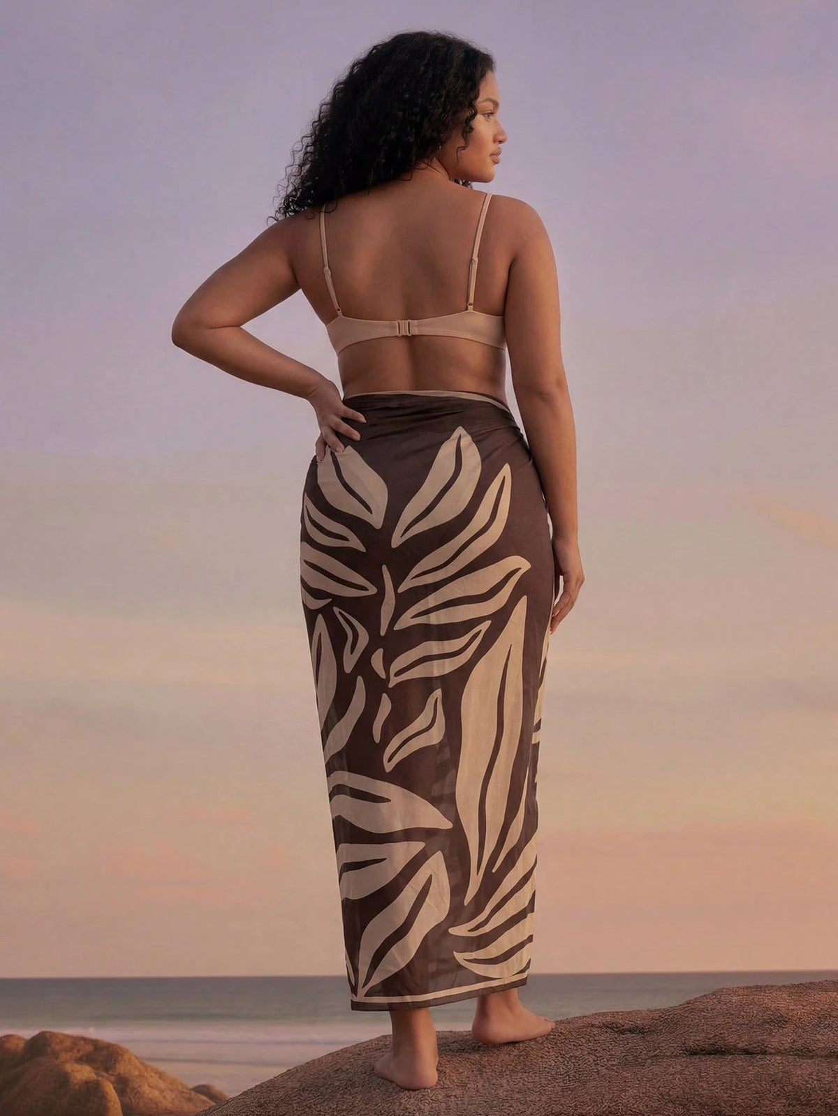 CAJUNI Plus Size Women Leaf Print Casual Beach Cover Up & Skirt Set