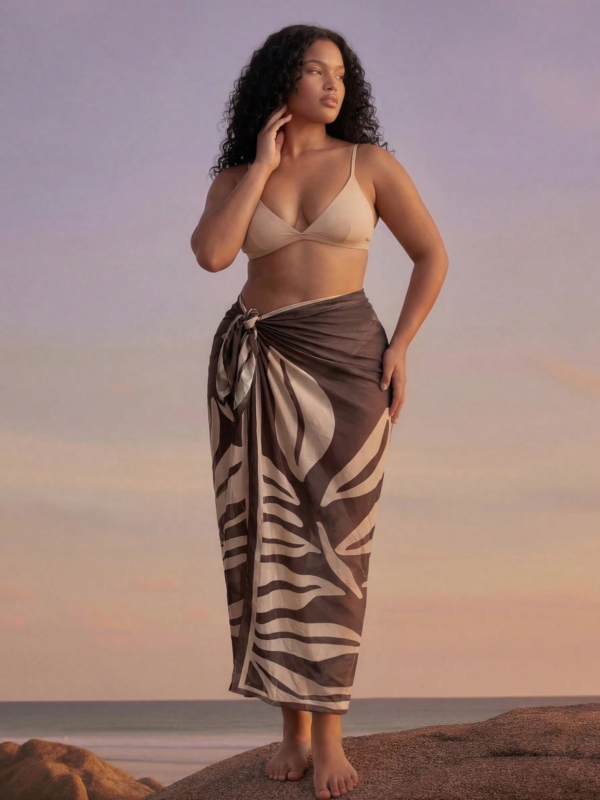CAJUNI Plus Size Women Leaf Print Casual Beach Cover Up & Skirt Set