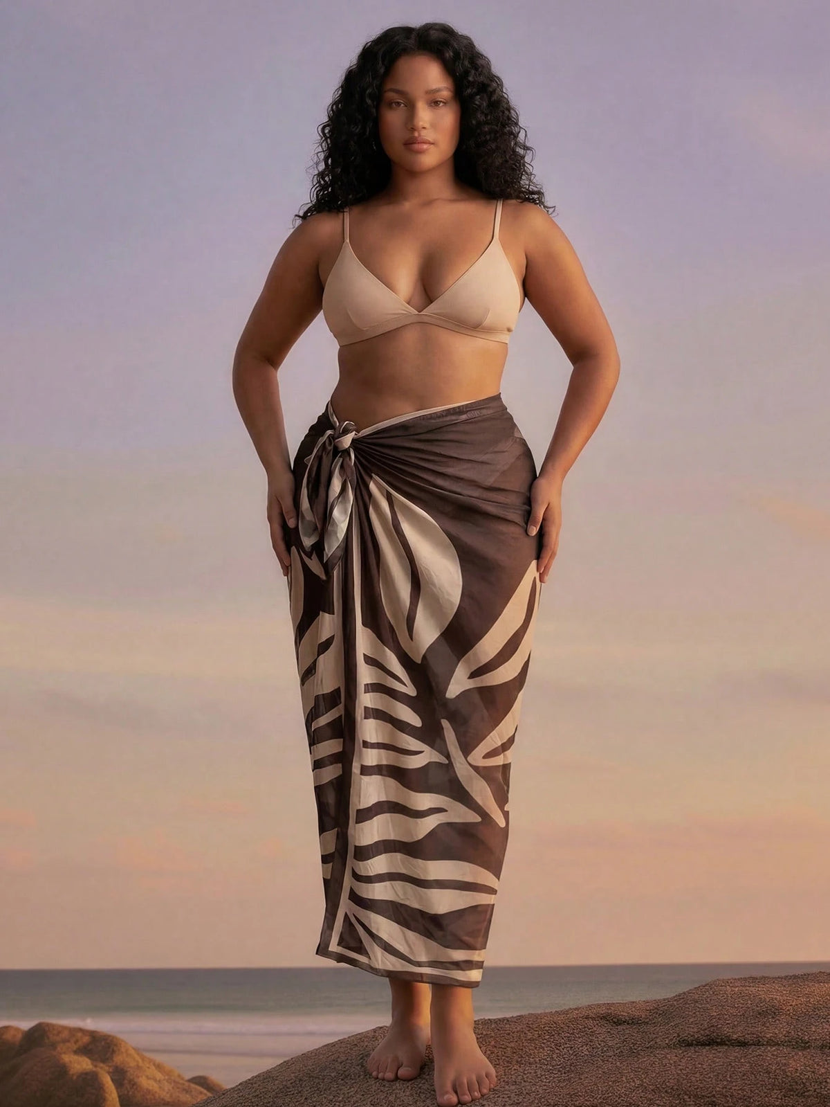 CAJUNI Plus Size Women Leaf Print Casual Beach Cover Up & Skirt Set