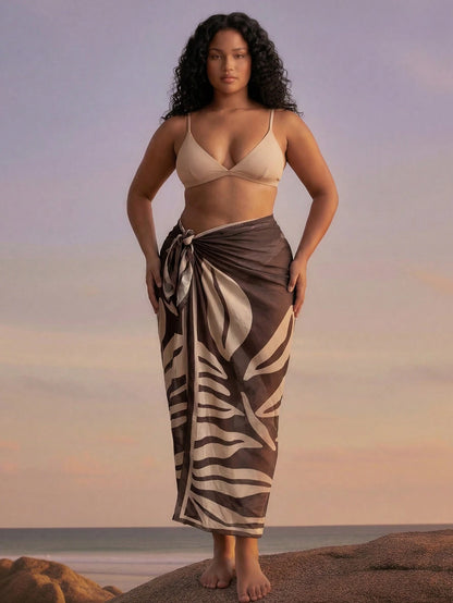 CAJUNI Plus Size Women Leaf Print Casual Beach Cover Up & Skirt Set