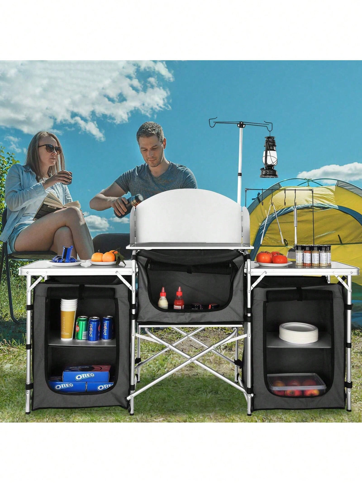 Camping Kitchen Table, Folding Outdoor Cooking Table With Storage Carrying Bag, Aluminum Cook Station 3 Cupboard & Detachable Windscreen, Quick Set-Up For Picnics, BBQ, RV Traveling, Black