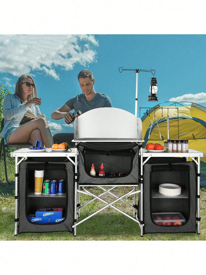 Camping Kitchen Table, Folding Outdoor Cooking Table With Storage Carrying Bag, Aluminum Cook Station 3 Cupboard & Detachable Windscreen, Quick Set-Up For Picnics, BBQ, RV Traveling, Black