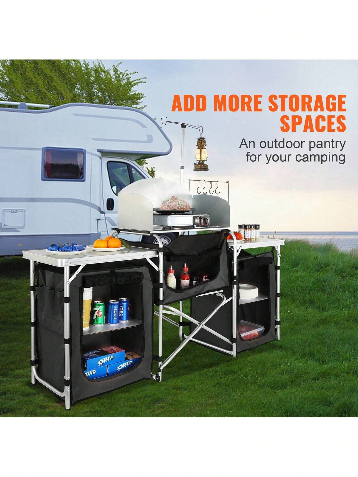 Camping Kitchen Table, Folding Outdoor Cooking Table With Storage Carrying Bag, Aluminum Cook Station 3 Cupboard & Detachable Windscreen, Quick Set-Up For Picnics, BBQ, RV Traveling, Black