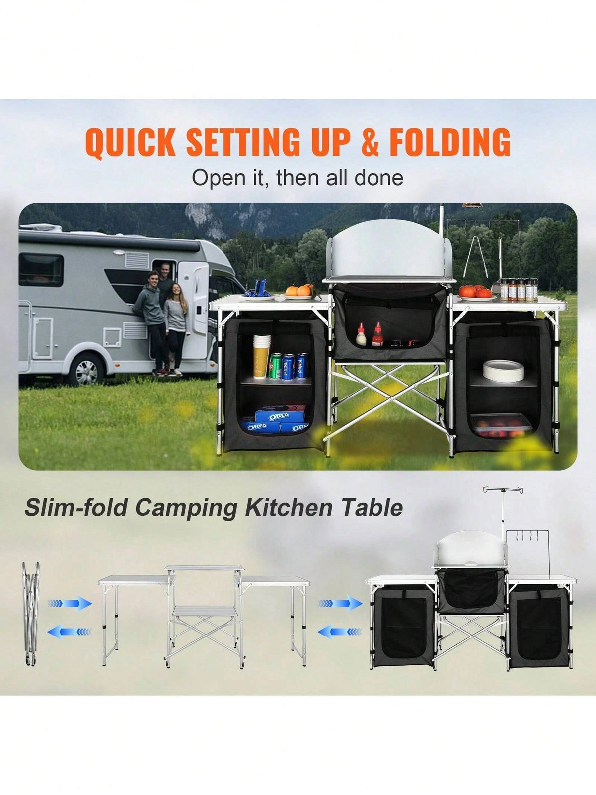 Camping Kitchen Table, Folding Outdoor Cooking Table With Storage Carrying Bag, Aluminum Cook Station 3 Cupboard & Detachable Windscreen, Quick Set-Up For Picnics, BBQ, RV Traveling, Black
