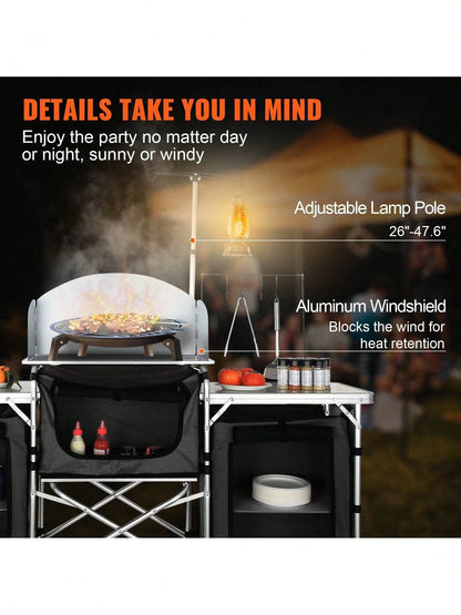Camping Kitchen Table, Folding Outdoor Cooking Table With Storage Carrying Bag, Aluminum Cook Station 3 Cupboard & Detachable Windscreen, Quick Set-Up For Picnics, BBQ, RV Traveling, Black