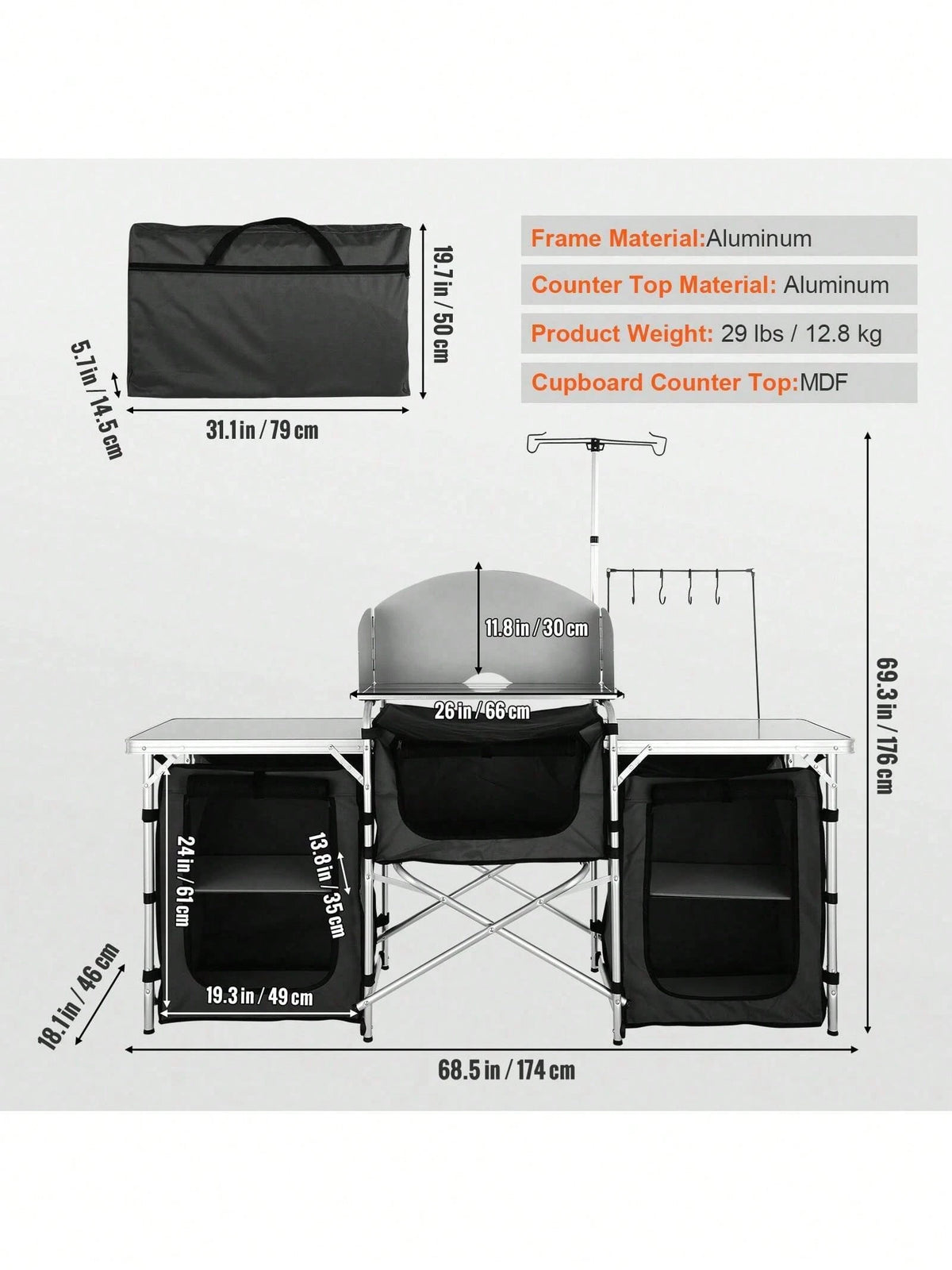 Camping Kitchen Table, Folding Outdoor Cooking Table With Storage Carrying Bag, Aluminum Cook Station 3 Cupboard & Detachable Windscreen, Quick Set-Up For Picnics, BBQ, RV Traveling, Black