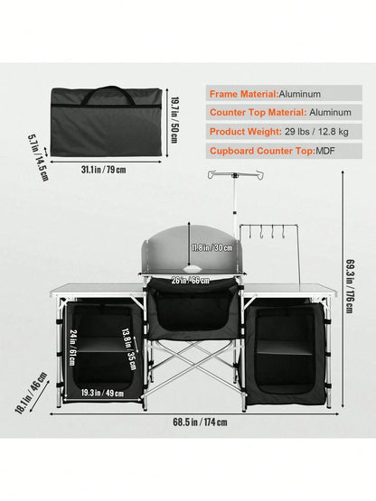 Camping Kitchen Table, Folding Outdoor Cooking Table With Storage Carrying Bag, Aluminum Cook Station 3 Cupboard & Detachable Windscreen, Quick Set-Up For Picnics, BBQ, RV Traveling, Black