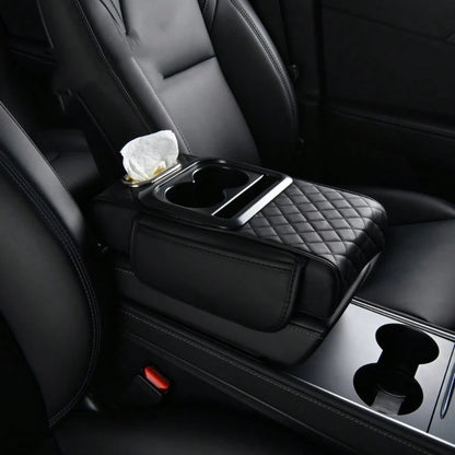 Car Armrest Cover, Faux Leather Center Console Pad With 2 Side Pockets + 2 Cup Holders, Multifunctional Storage For Phones/Water Bottles/Cards, Fits Most Car Models, Tissue Box Included, Enhances Comf