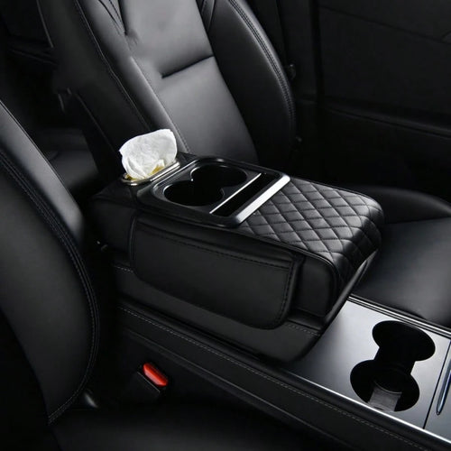 Car Armrest Cover, Faux Leather Center Console Pad With 2 Side Pockets + 2 Cup Holders, Multifunctional Storage For Phones/Water Bottles/Cards, Fits Most Car Models, Tissue Box Included, Enhances Comf