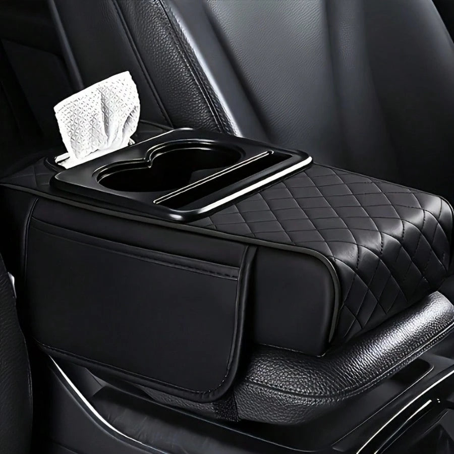 Car Armrest Cover, Faux Leather Center Console Pad With 2 Side Pockets + 2 Cup Holders, Multifunctional Storage For Phones/Water Bottles/Cards, Fits Most Car Models, Tissue Box Included, Enhances Comf