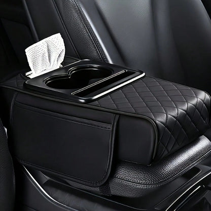 Car Armrest Cover, Faux Leather Center Console Pad With 2 Side Pockets + 2 Cup Holders, Multifunctional Storage For Phones/Water Bottles/Cards, Fits Most Car Models, Tissue Box Included, Enhances Comf