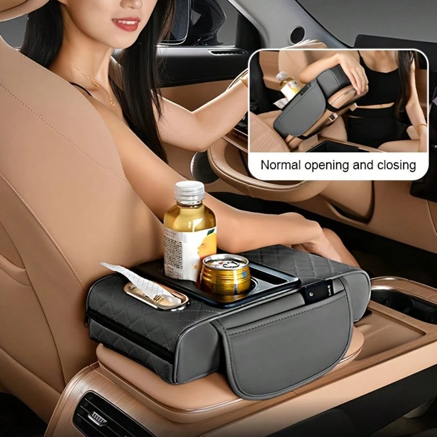 Car Armrest Cover, Faux Leather Center Console Pad With 2 Side Pockets + 2 Cup Holders, Multifunctional Storage For Phones/Water Bottles/Cards, Fits Most Car Models, Tissue Box Included, Enhances Comf