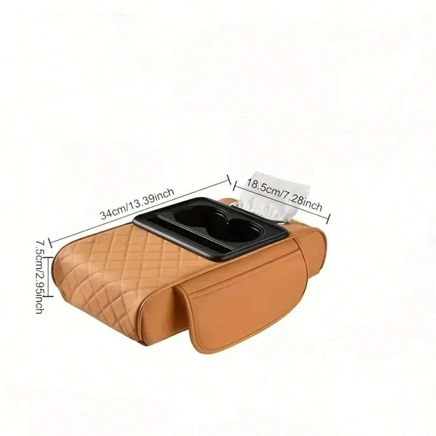Car Armrest Cover, Faux Leather Center Console Pad With 2 Side Pockets + 2 Cup Holders, Multifunctional Storage For Phones/Water Bottles/Cards, Fits Most Car Models, Tissue Box Included, Enhances Comf