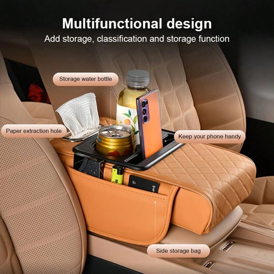 Car Armrest Cover, Faux Leather Center Console Pad With 2 Side Pockets + 2 Cup Holders, Multifunctional Storage For Phones/Water Bottles/Cards, Fits Most Car Models, Tissue Box Included, Enhances Comf