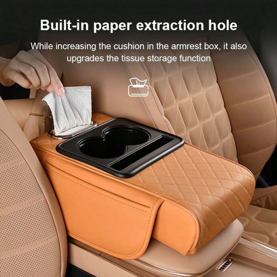 Car Armrest Cover, Faux Leather Center Console Pad With 2 Side Pockets + 2 Cup Holders, Multifunctional Storage For Phones/Water Bottles/Cards, Fits Most Car Models, Tissue Box Included, Enhances Comf