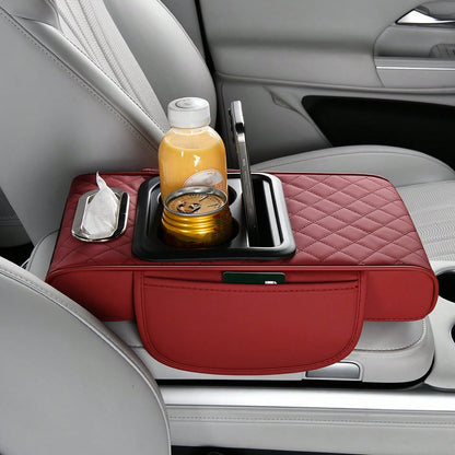 Car Armrest Cover, Faux Leather Center Console Pad With 2 Side Pockets + 2 Cup Holders, Multifunctional Storage For Phones/Water Bottles/Cards, Fits Most Car Models, Tissue Box Included, Enhances Comf