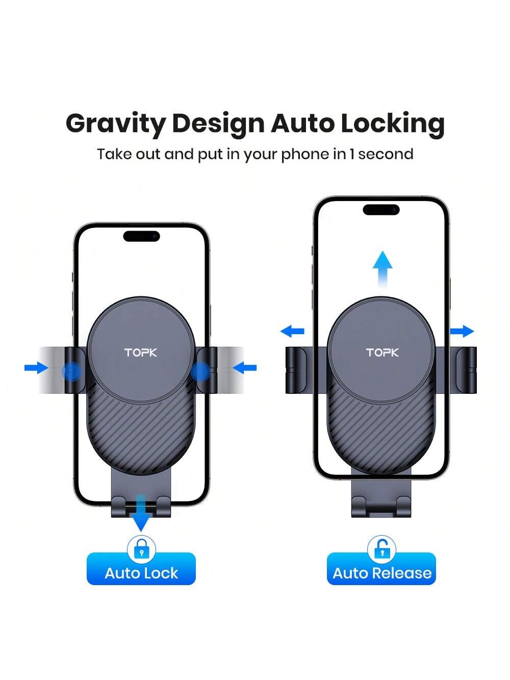 Car Cell Phone Holder, TOPK Car Air Outlet Anti Shaking Gravity Car Holder With Hook Clip For Car Air Vent Compatible With IPhone Android And Other Mobile Phones