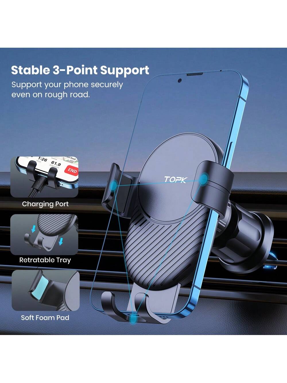 Car Cell Phone Holder, TOPK Car Air Outlet Anti Shaking Gravity Car Holder With Hook Clip For Car Air Vent Compatible With IPhone Android And Other Mobile Phones