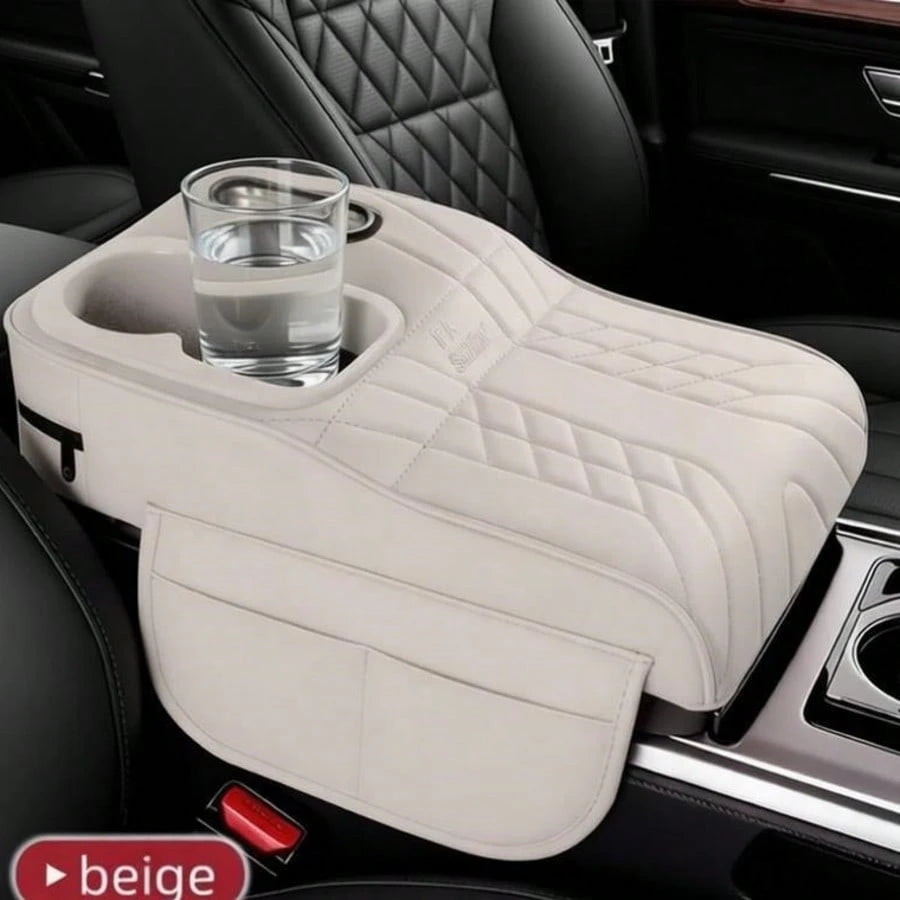 Car Center Console Cover, Soft Microfiber Leather Armrest Pad With Dual Cup Holders And Storage Compartment- Interior Accessory