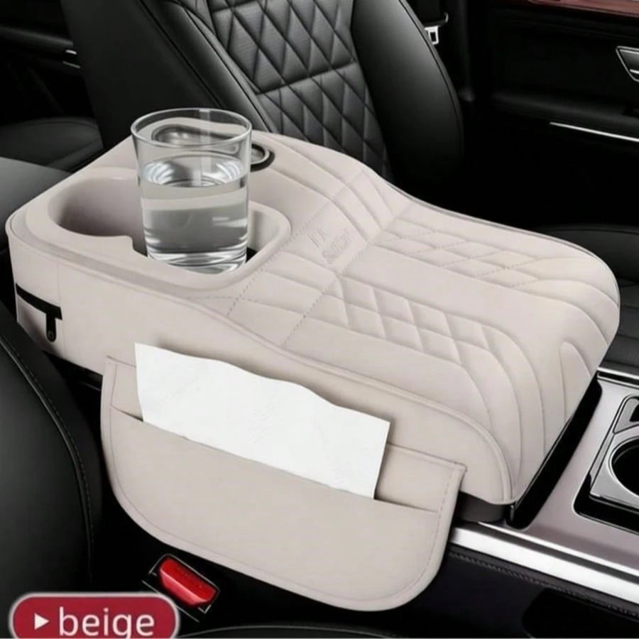 Car Center Console Cover, Soft Microfiber Leather Armrest Pad With Dual Cup Holders And Storage Compartment- Interior Accessory