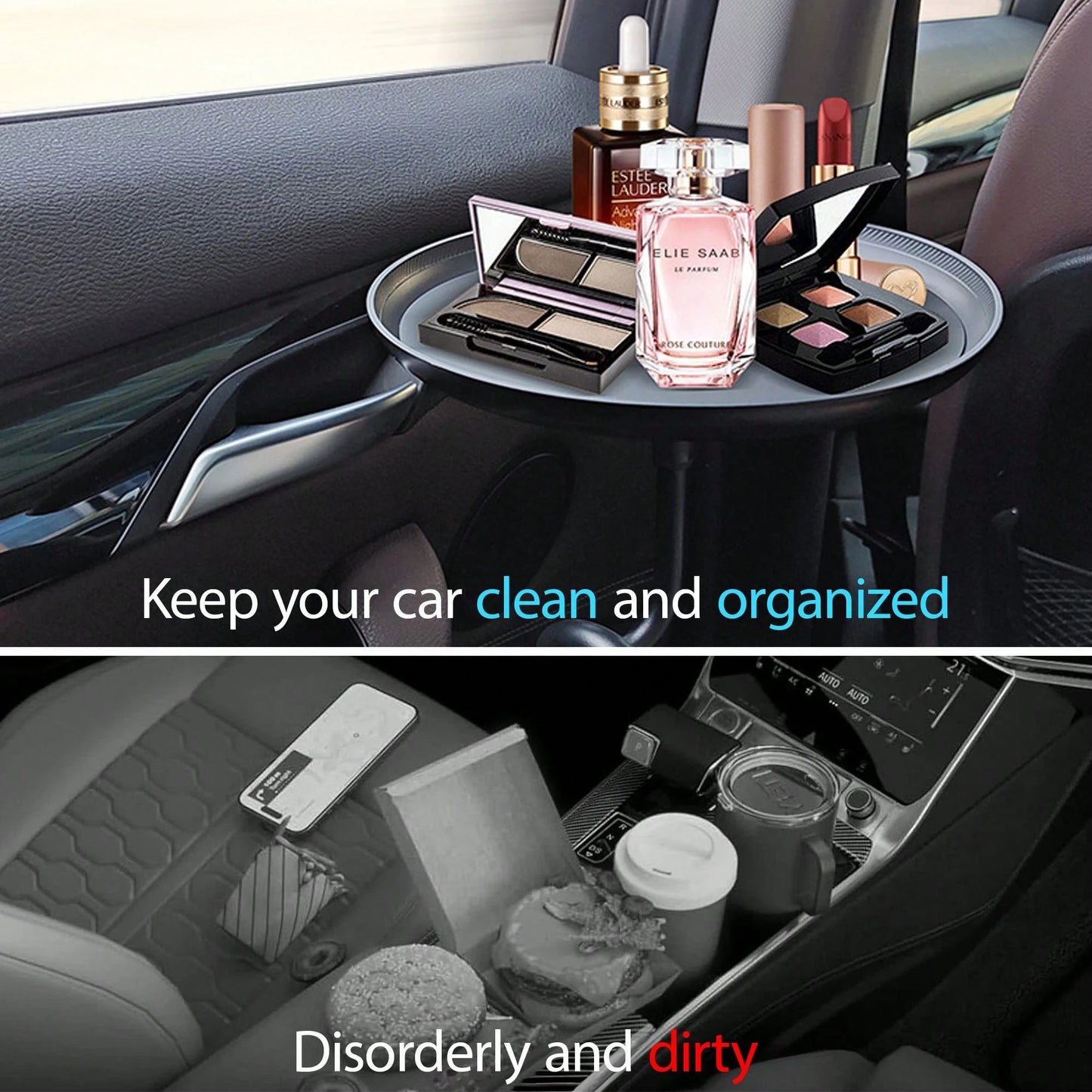 Car Food Tray Holder Adjustable Car Snack Tray 360-Degree Swivel Dining Table