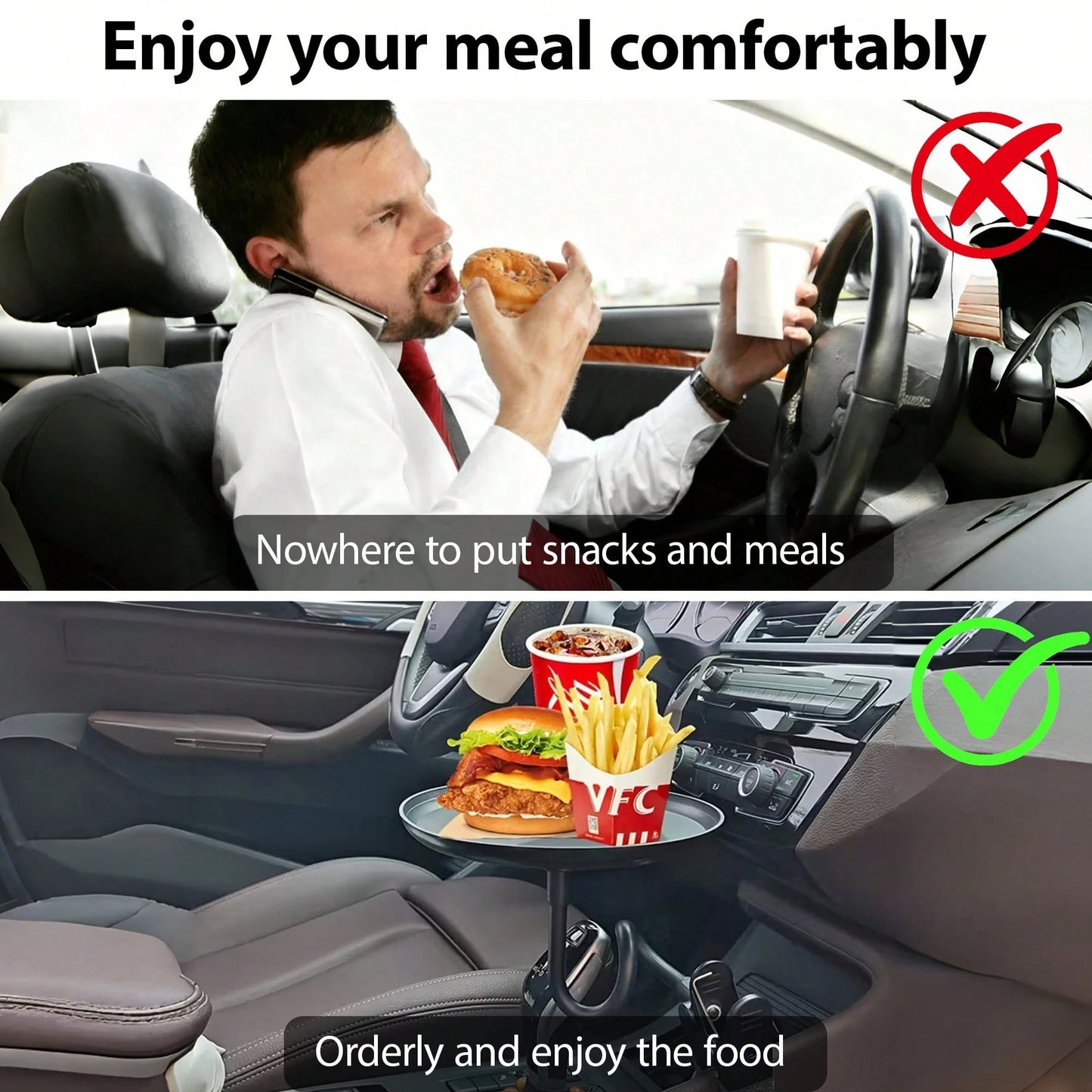 Car Food Tray Holder Adjustable Car Snack Tray 360-Degree Swivel Dining Table