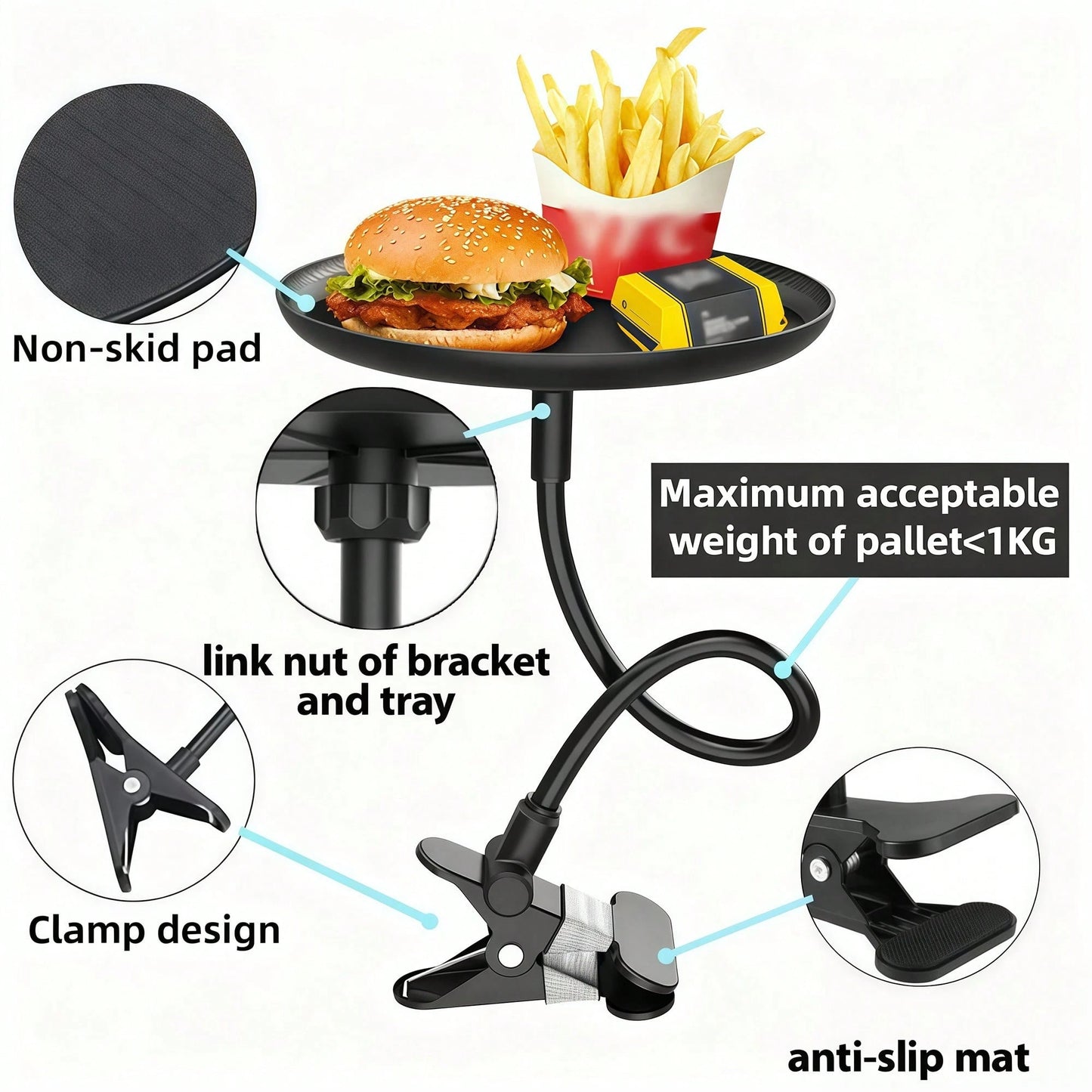 Car Food Tray Holder Adjustable Car Snack Tray 360-Degree Swivel Dining Table
