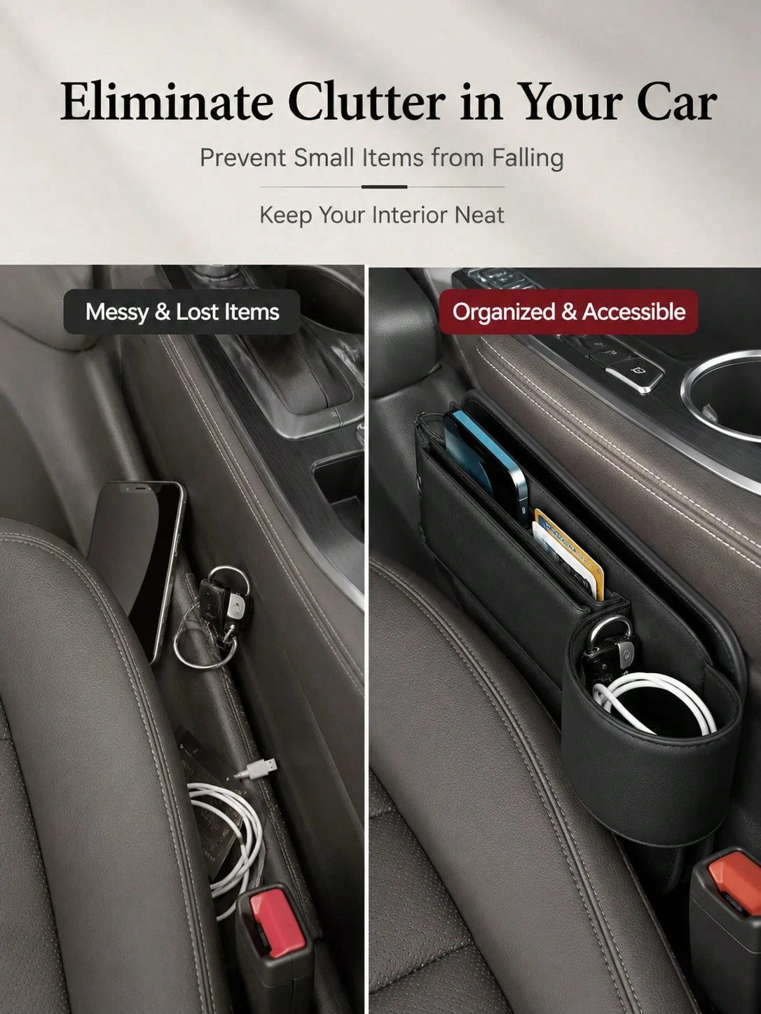 Car Seat Anti-Drop Storage Box, Premium Leather Center Console Organizer, Convenient Access For Phone/Keys, Universal Fit For Cars, SUVs, Trucks, Multi-Functional Essential Storage Box