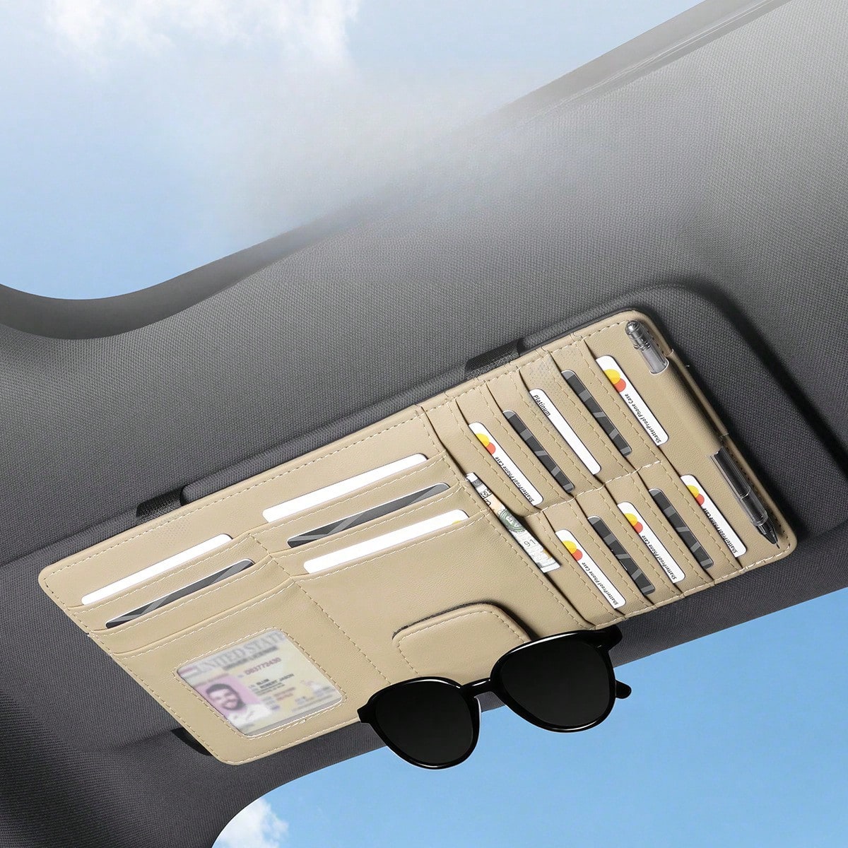 Car Sun Visor Storage Bag, Multifunctional Leather Card Holder, Glasses Holder, Ticket Holder, Car Storage Box, Card Pouch