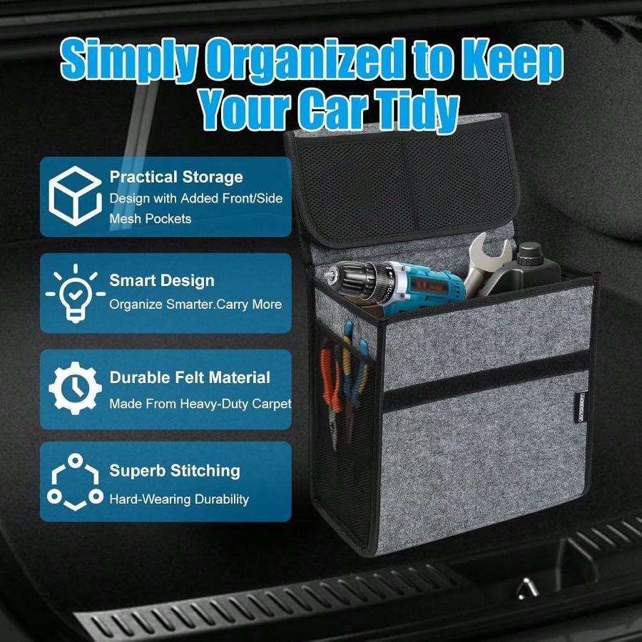 Car Trunk Organizer, Soft Felt Car Bag Organizer 12x7x12 Inch Folding, CRV RAV4 SUV/Truck/SedanGray