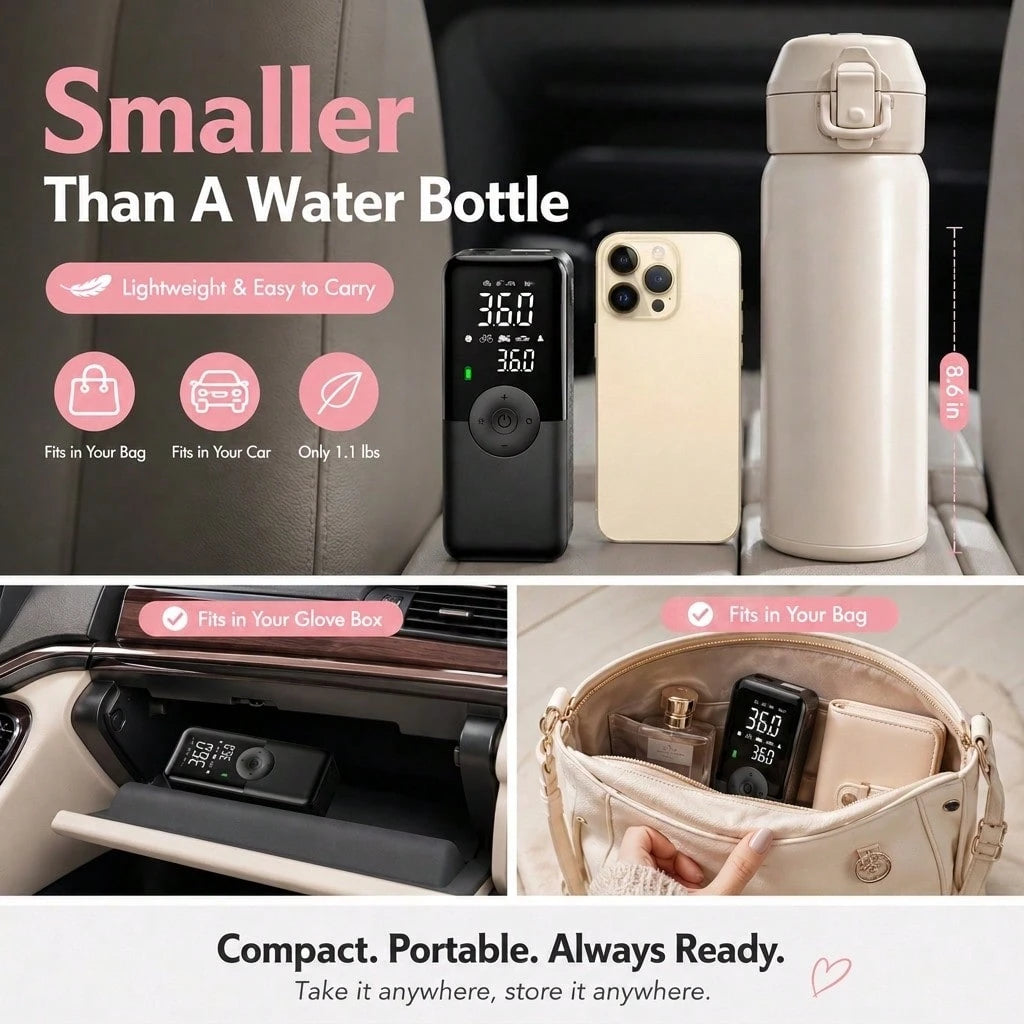 Carsun Portable Tire Inflator, 150 PSI Wireless Mini Air Compressor, Comes With A Storage Case, SOS Red Light, Digital Pressure Gauge With Auto-Stop, Fast Inflation With LED Light, Suitable For Car Ti