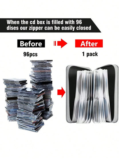 CD DVD Disc Organizer Storage Case 96 Capacity Hard Shell CD Holder Clear Pockets For Easy Viewing Side Loop Portable Dustproof For Car Home Office Travel