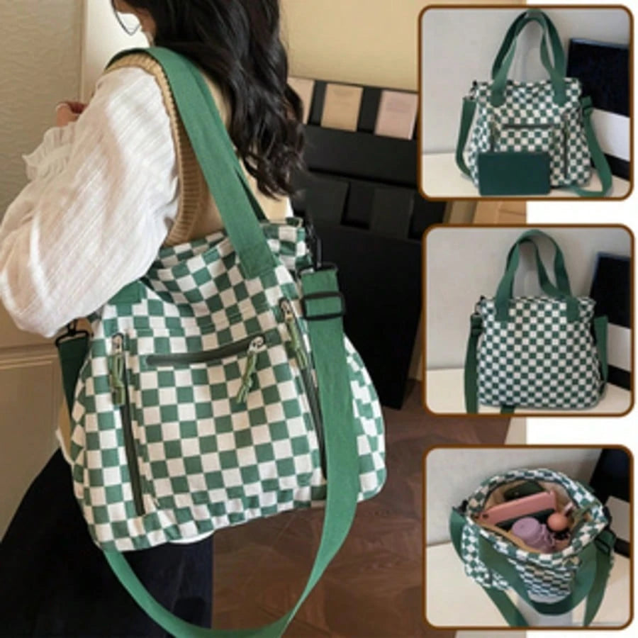 Checkered Tote Bag: Stylish, Versatile, And High-Capacity Commuter Handbag- Casual Corduroy Shoulder & Crossbody Bag