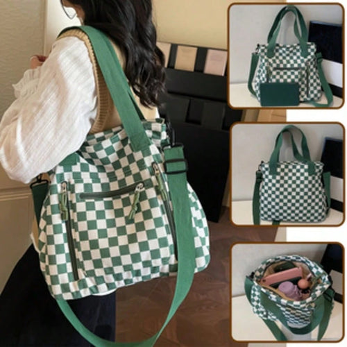 Checkered Tote Bag: Stylish, Versatile, And High-Capacity Commuter Handbag- Casual Corduroy Shoulder & Crossbody Bag