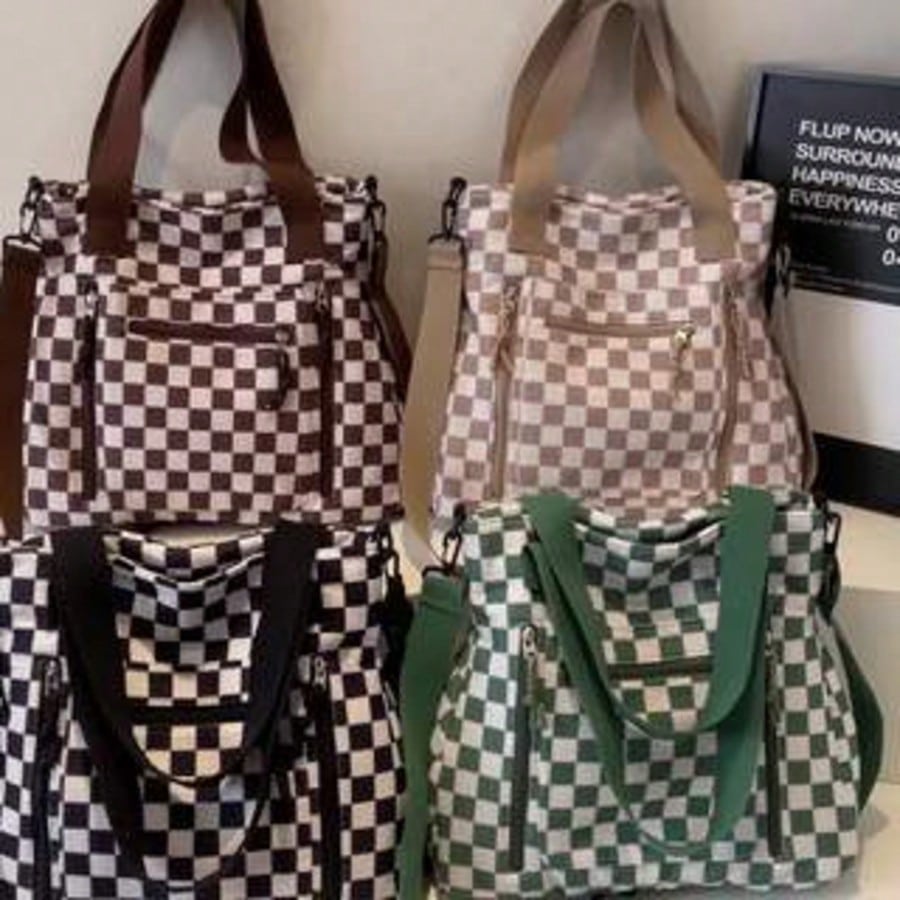 Checkered Tote Bag: Stylish, Versatile, And High-Capacity Commuter Handbag- Casual Corduroy Shoulder & Crossbody Bag
