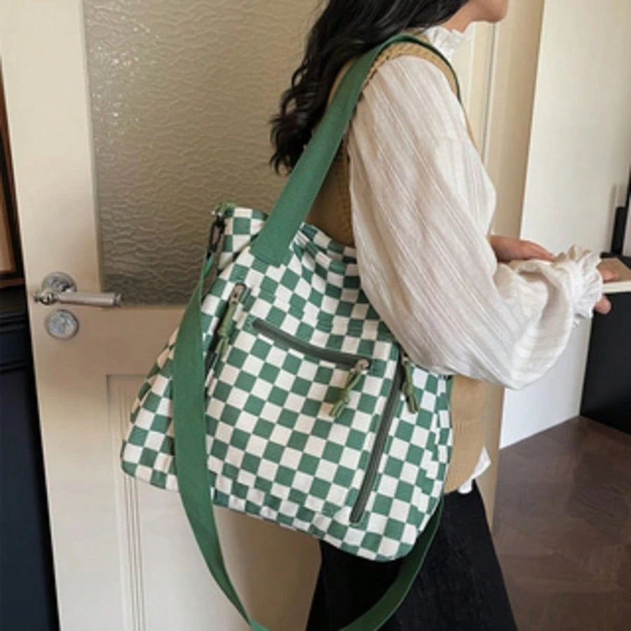 Checkered Tote Bag: Stylish, Versatile, And High-Capacity Commuter Handbag- Casual Corduroy Shoulder & Crossbody Bag