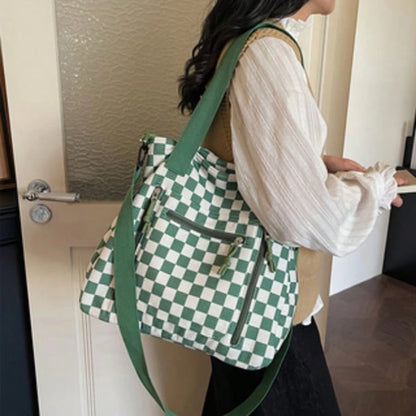 Checkered Tote Bag: Stylish, Versatile, And High-Capacity Commuter Handbag- Casual Corduroy Shoulder & Crossbody Bag