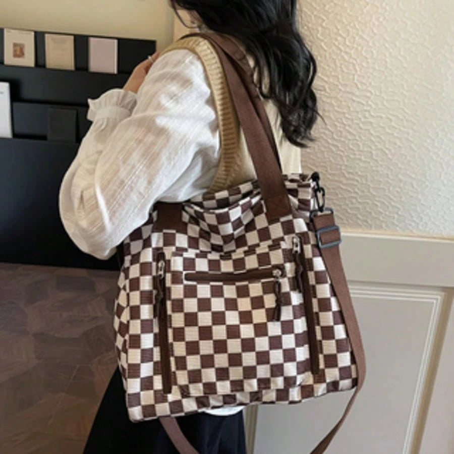 Checkered Tote Bag: Stylish, Versatile, And High-Capacity Commuter Handbag- Casual Corduroy Shoulder & Crossbody Bag