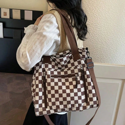 Checkered Tote Bag: Stylish, Versatile, And High-Capacity Commuter Handbag- Casual Corduroy Shoulder & Crossbody Bag