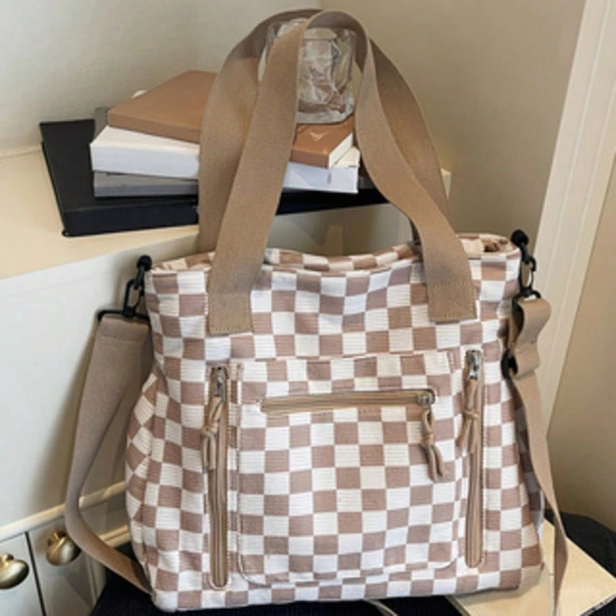Checkered Tote Bag: Stylish, Versatile, And High-Capacity Commuter Handbag- Casual Corduroy Shoulder & Crossbody Bag