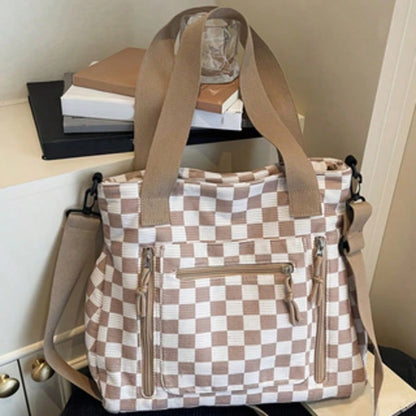 Checkered Tote Bag: Stylish, Versatile, And High-Capacity Commuter Handbag- Casual Corduroy Shoulder & Crossbody Bag