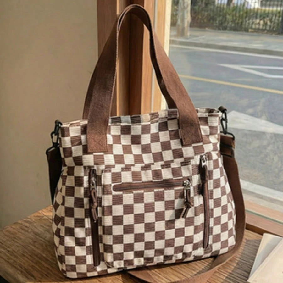 Checkered Tote Bag: Stylish, Versatile, And High-Capacity Commuter Handbag- Casual Corduroy Shoulder & Crossbody Bag