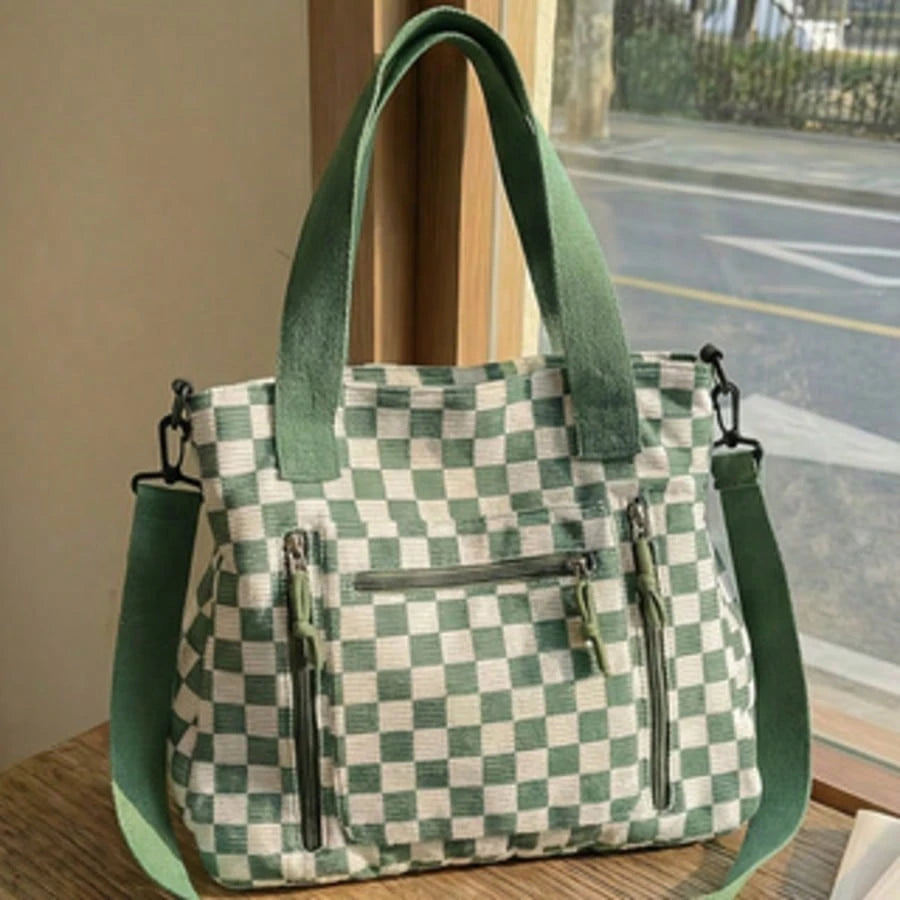 Checkered Tote Bag: Stylish, Versatile, And High-Capacity Commuter Handbag- Casual Corduroy Shoulder & Crossbody Bag