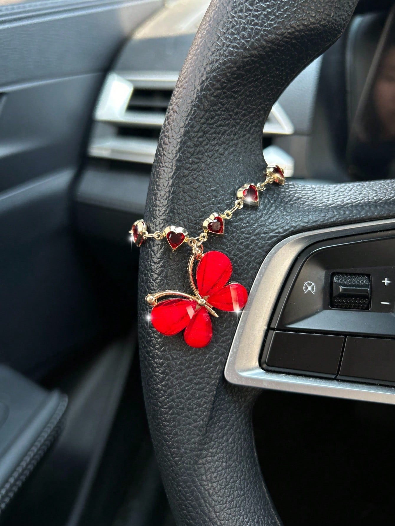 Cherry Car Pendant, Crystal Butterfly Decor Hanging Ornament, High-End Steering Wheel Decoration Accessory