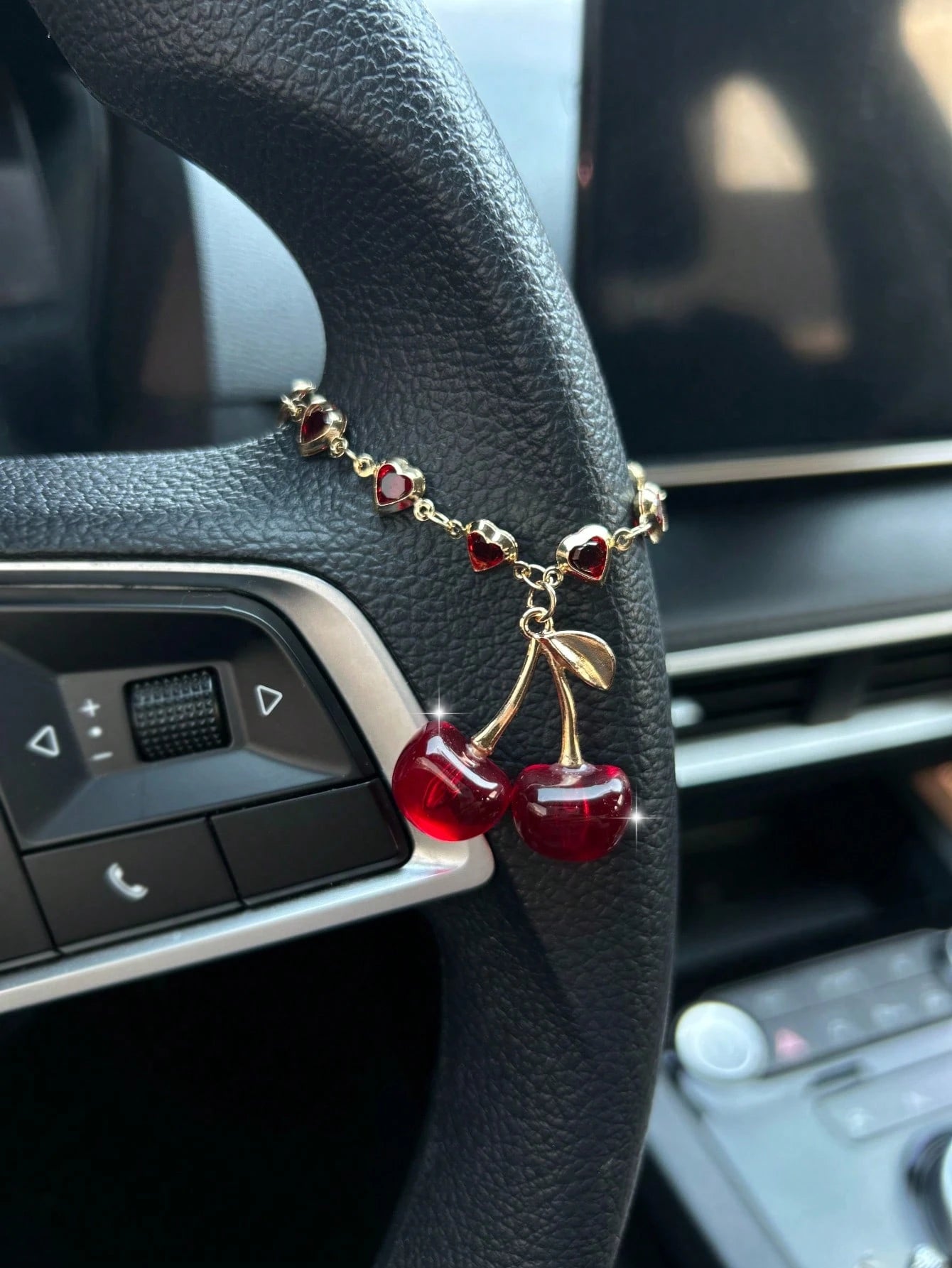 Cherry Car Pendant, Crystal Butterfly Decor Hanging Ornament, High-End Steering Wheel Decoration Accessory
