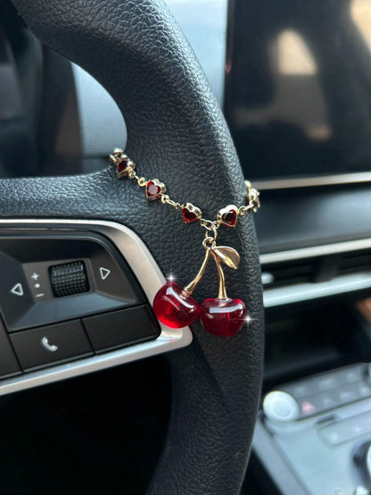 Cherry Car Pendant, Crystal Butterfly Decor Hanging Ornament, High-End Steering Wheel Decoration Accessory