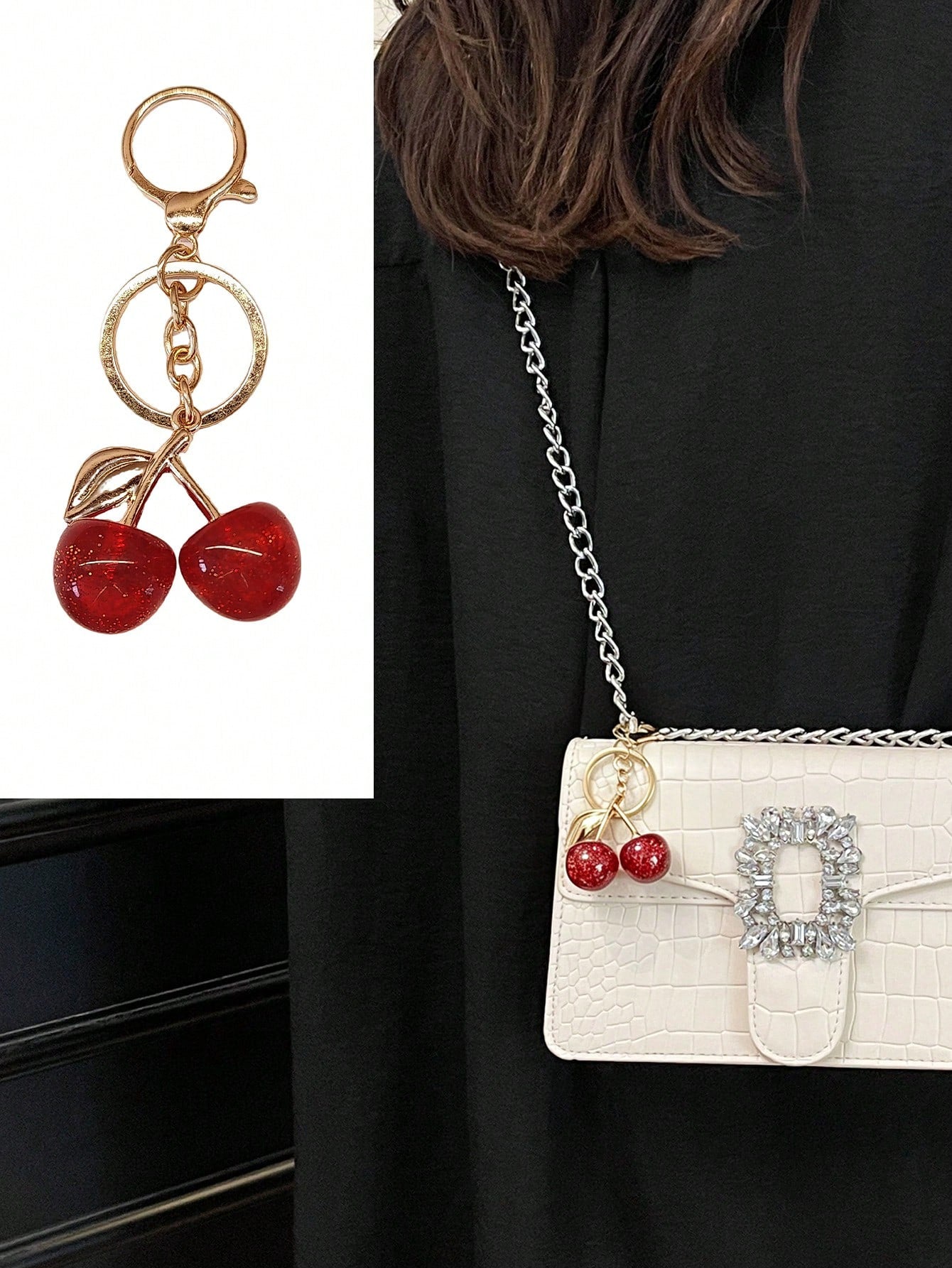 Cherry Pendant, New Arrival Big Cherry Shaped Crystal Pendant, Keychain Pendant,Glitter Cherry Charm Keychain With Clip For Bag, Sparkling Resin