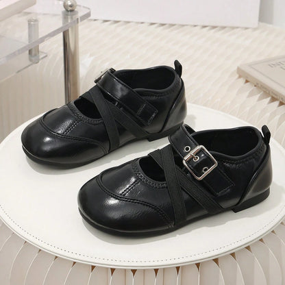 Children's Vintage Black Mary Jane Shoes, Cross Strap Buckle Decor Non-Slip Flat Shoes, Little Girls' Formal Princess Shoes