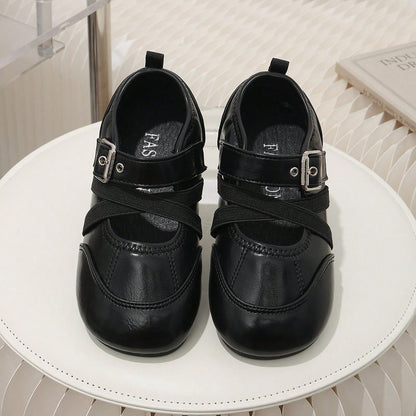 Children's Vintage Black Mary Jane Shoes, Cross Strap Buckle Decor Non-Slip Flat Shoes, Little Girls' Formal Princess Shoes